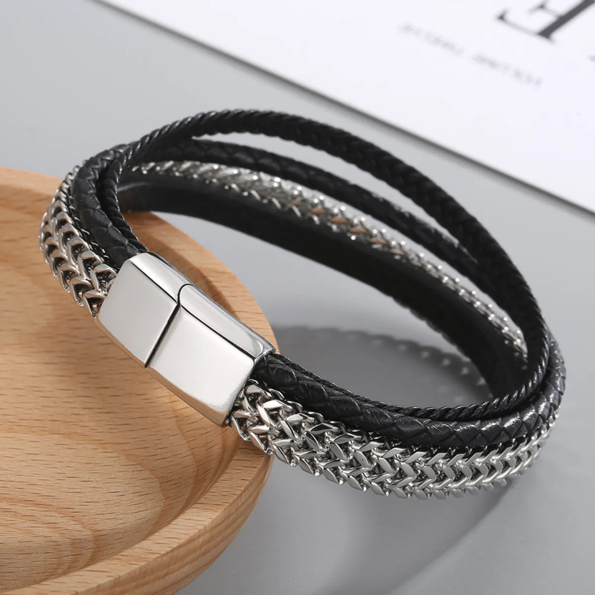 Hip-hop Geometric Stainless Steel Leather Braid Bangle