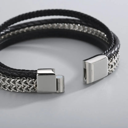 Hip-hop Geometric Stainless Steel Leather Braid Bangle