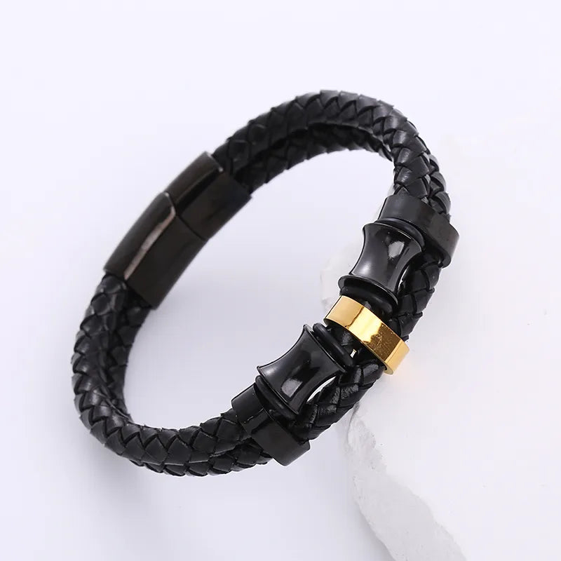 Hip-Hop Geometric Stainless Steel Pu Leather Braid Men'S Bracelets