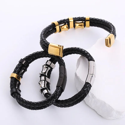 Hip-Hop Geometric Stainless Steel Pu Leather Braid Men'S Bracelets