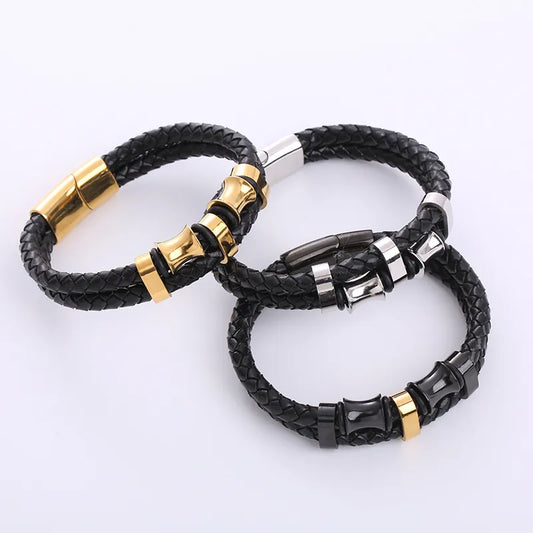 Hip-Hop Geometric Stainless Steel Pu Leather Braid Men'S Bracelets