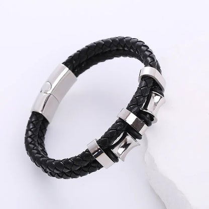 Hip-Hop Geometric Stainless Steel Pu Leather Braid Men'S Bracelets