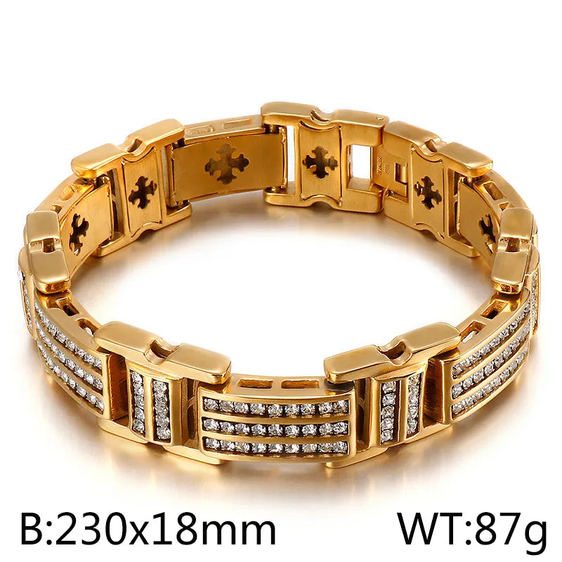 Hip-Hop Geometric Titanium Steel Inlay Zircon 18K Gold Plated Men'S Bracelets