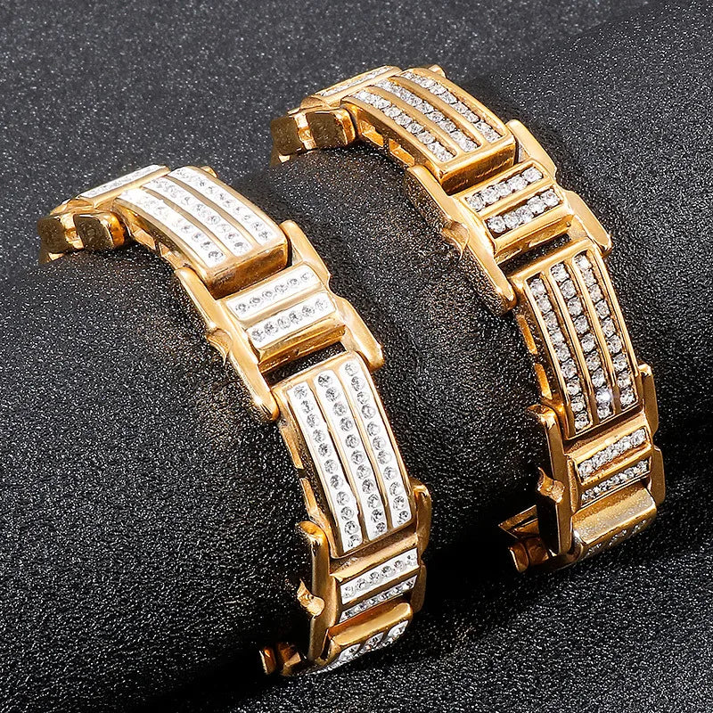 Hip-Hop Geometric Titanium Steel Inlay Zircon 18K Gold Plated Men'S Bracelets