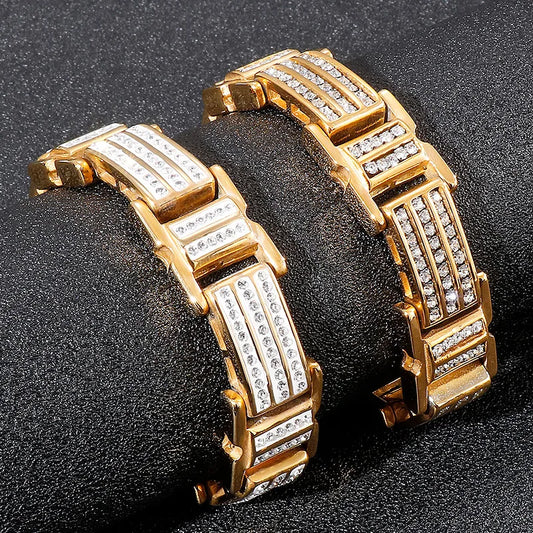 Hip-Hop Geometric Titanium Steel Inlay Zircon 18K Gold Plated Men'S Bracelets