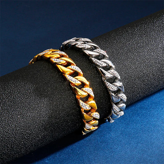 Hip-Hop Geometric Titanium Steel Plating Inlay Zircon 18K Gold Plated Men'S Bracelets