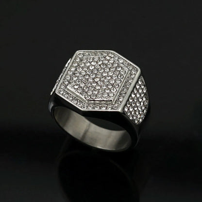 Hip-Hop Hexagon Stainless Steel Gold Plated Rhinestones Rings