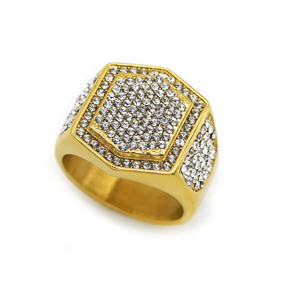 Hip-Hop Hexagon Stainless Steel Gold Plated Rhinestones Rings