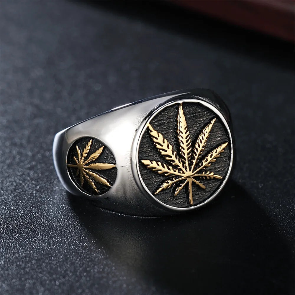 Hip-Hop Leaf Titanium Steel Men'S Rings