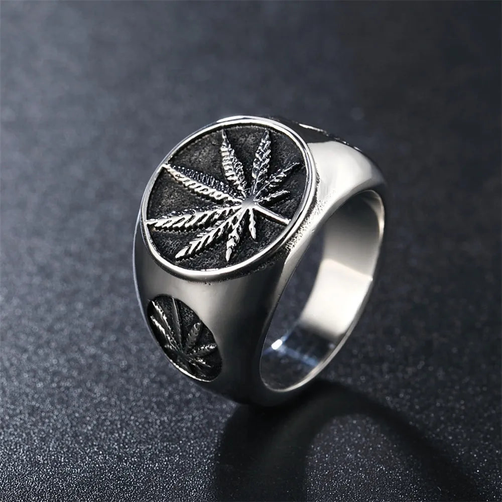 Hip-Hop Leaf Titanium Steel Men'S Rings