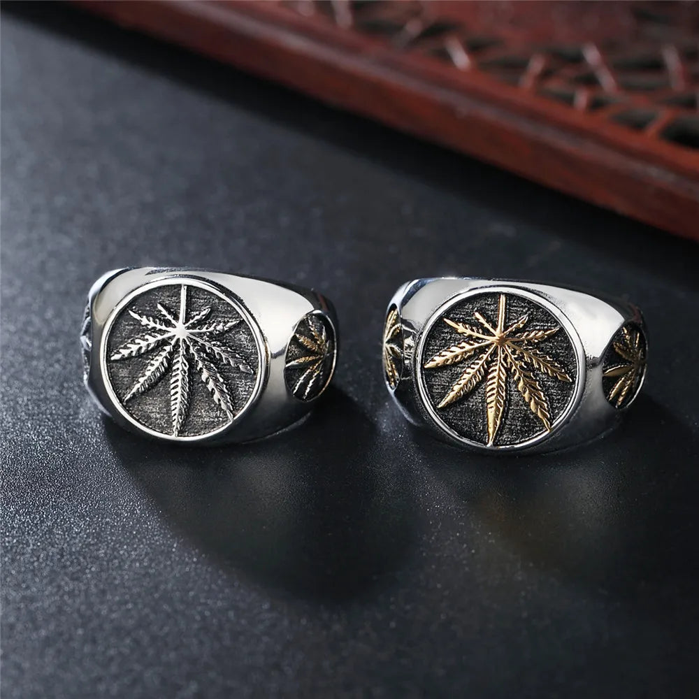 Hip-Hop Leaf Titanium Steel Men'S Rings