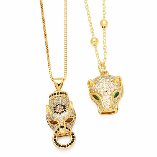 Wholesale Jewelry Hip-Hop Leopard Head Stainless Steel Copper Zircon 18K Gold Plated Inlay Pendant Necklace