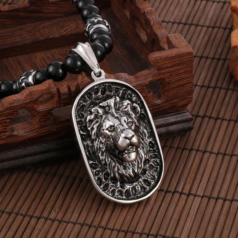 Hip-Hop Lion Stainless Steel Agate Beaded 18K Gold Plated Men'S Pendant Necklace