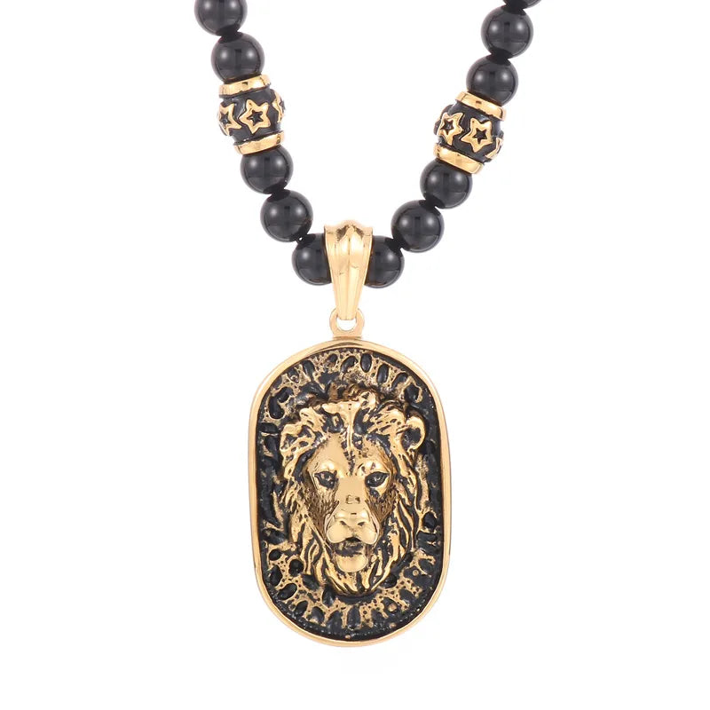 Hip-Hop Lion Stainless Steel Agate Beaded 18K Gold Plated Men'S Pendant Necklace