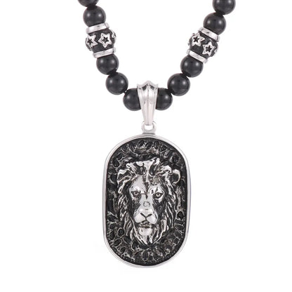 Hip-Hop Lion Stainless Steel Agate Beaded 18K Gold Plated Men'S Pendant Necklace