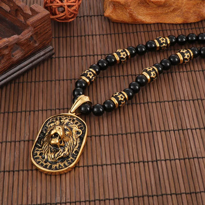 Hip-Hop Lion Stainless Steel Agate Beaded 18K Gold Plated Men'S Pendant Necklace