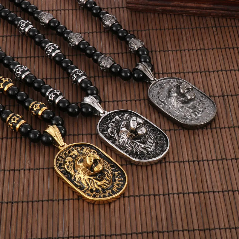 Hip-Hop Lion Stainless Steel Agate Beaded 18K Gold Plated Men'S Pendant Necklace