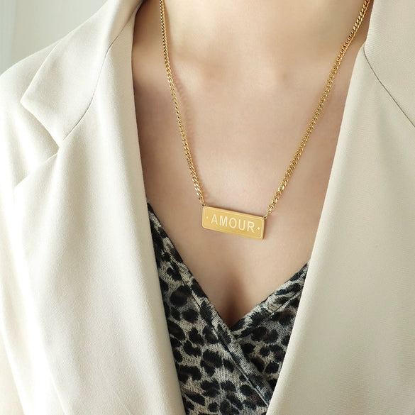 Hip Hop Long English Letter Pendant Clavicle Necklace Stacked Stainless Steel Electroplated Geometric For Women