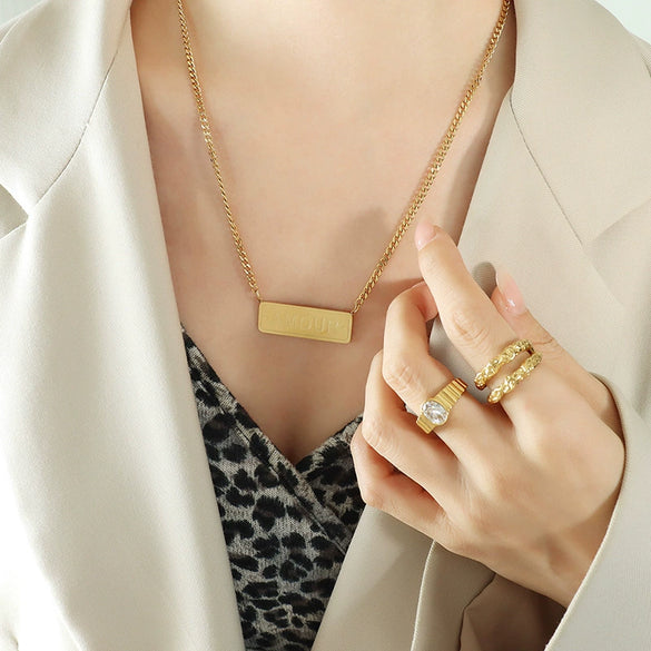Hip Hop Long English Letter Pendant Clavicle Necklace Stacked Stainless Steel Electroplated Geometric For Women