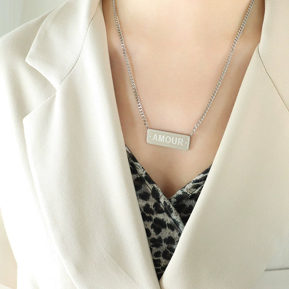 Hip Hop Long English Letter Pendant Clavicle Necklace Stacked Stainless Steel Electroplated Geometric For Women