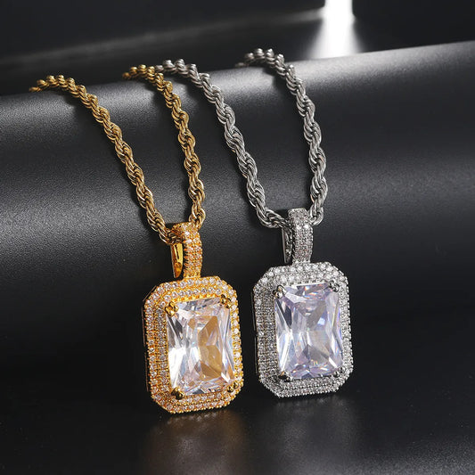 Hip-Hop Luxurious Rectangle 304 Stainless Steel Copper Inlay Zircon Gold Plated Unisex Pendant Necklace