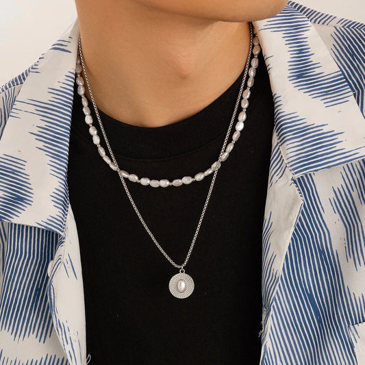 Hip-Hop Modern Style Geometric Imitation Pearl Alloy Beaded Men'S Double Layer Necklaces