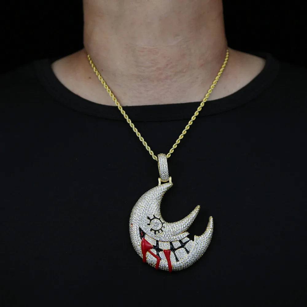 Hip-Hop Moon Copper Inlay Rhinestones Men'S Pendant Necklace