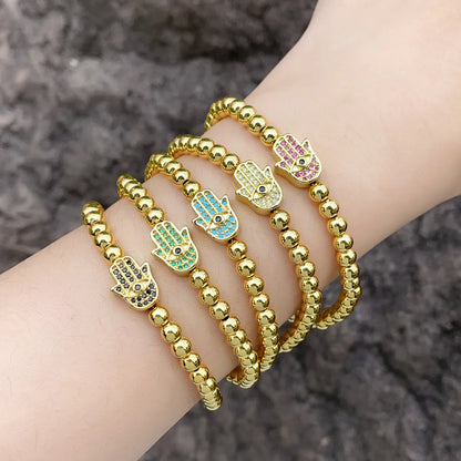 Hip-hop Novelty Hand Of Fatima Eye Copper Plating Inlay Zircon 18k Gold Plated Bracelets