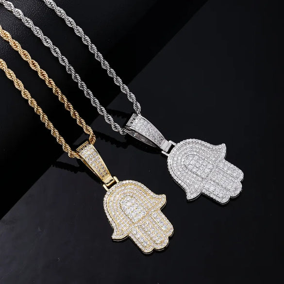 Hip-Hop Palm  304 Stainless Steel Copper Plating Chain Inlay Zircon K Gold Plated Rhodium Plated Men'S Necklace Pendant