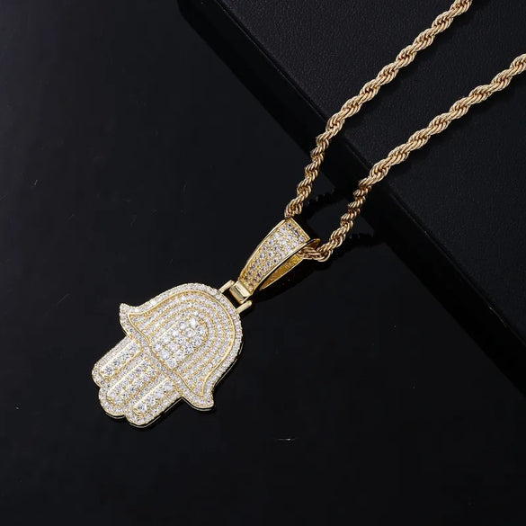 Hip-Hop Palm  304 Stainless Steel Copper Plating Chain Inlay Zircon K Gold Plated Rhodium Plated Men'S Necklace Pendant