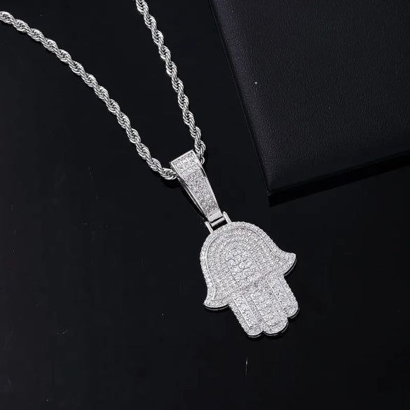 Hip-Hop Palm  304 Stainless Steel Copper Plating Chain Inlay Zircon K Gold Plated Rhodium Plated Men'S Necklace Pendant