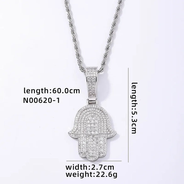 Hip-Hop Palm  304 Stainless Steel Copper Plating Chain Inlay Zircon K Gold Plated Rhodium Plated Men'S Necklace Pendant