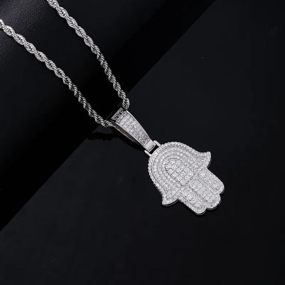 Hip-Hop Palm  304 Stainless Steel Copper Plating Chain Inlay Zircon K Gold Plated Rhodium Plated Men'S Necklace Pendant