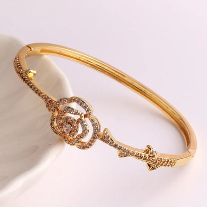 Hip-Hop Palm Rose Leopard Copper 18k Gold Plated Zircon Bangle In Bulk