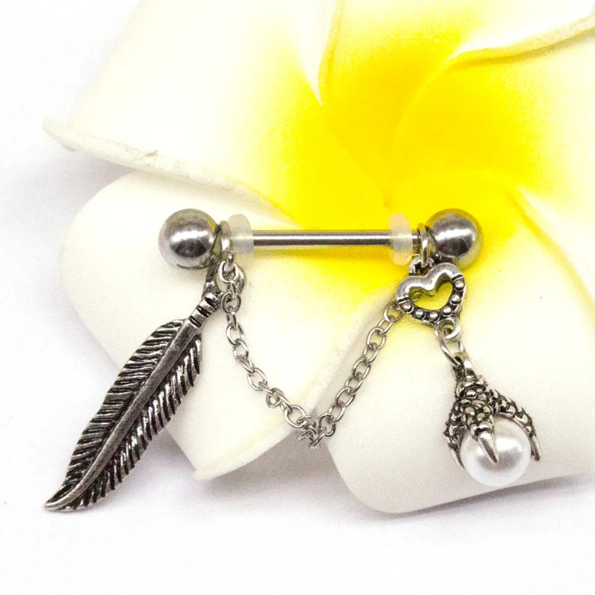 Hip-hop Punk Cool Style Feather Stainless Steel Imitation Pearl Copper Epoxy Plating Inlay Zircon White Gold Plated Chest Ring