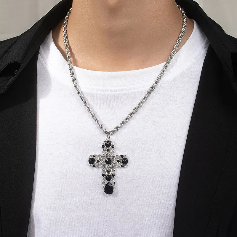 Hip-Hop Punk Cross Alloy Plating Inlay Artificial Gemstones Men'S Pendant Necklace