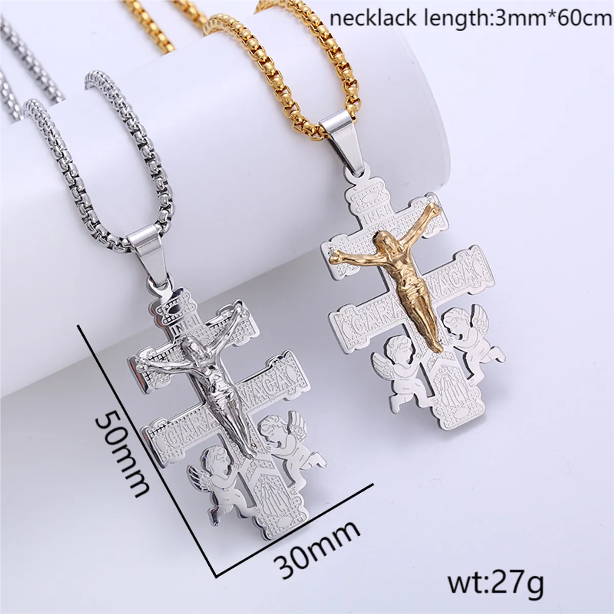 304 Stainless Steel 18K Gold Plated Hip-Hop Punk Cross Angel Angel Wings No Inlaid Pendant Necklace