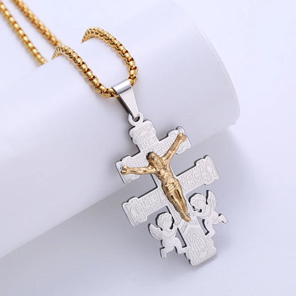 304 Stainless Steel 18K Gold Plated Hip-Hop Punk Cross Angel Angel Wings No Inlaid Pendant Necklace