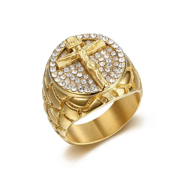 Hip-Hop Punk Cross Titanium Steel Plating Inlay Rhinestones Men'S Wide Band Rings