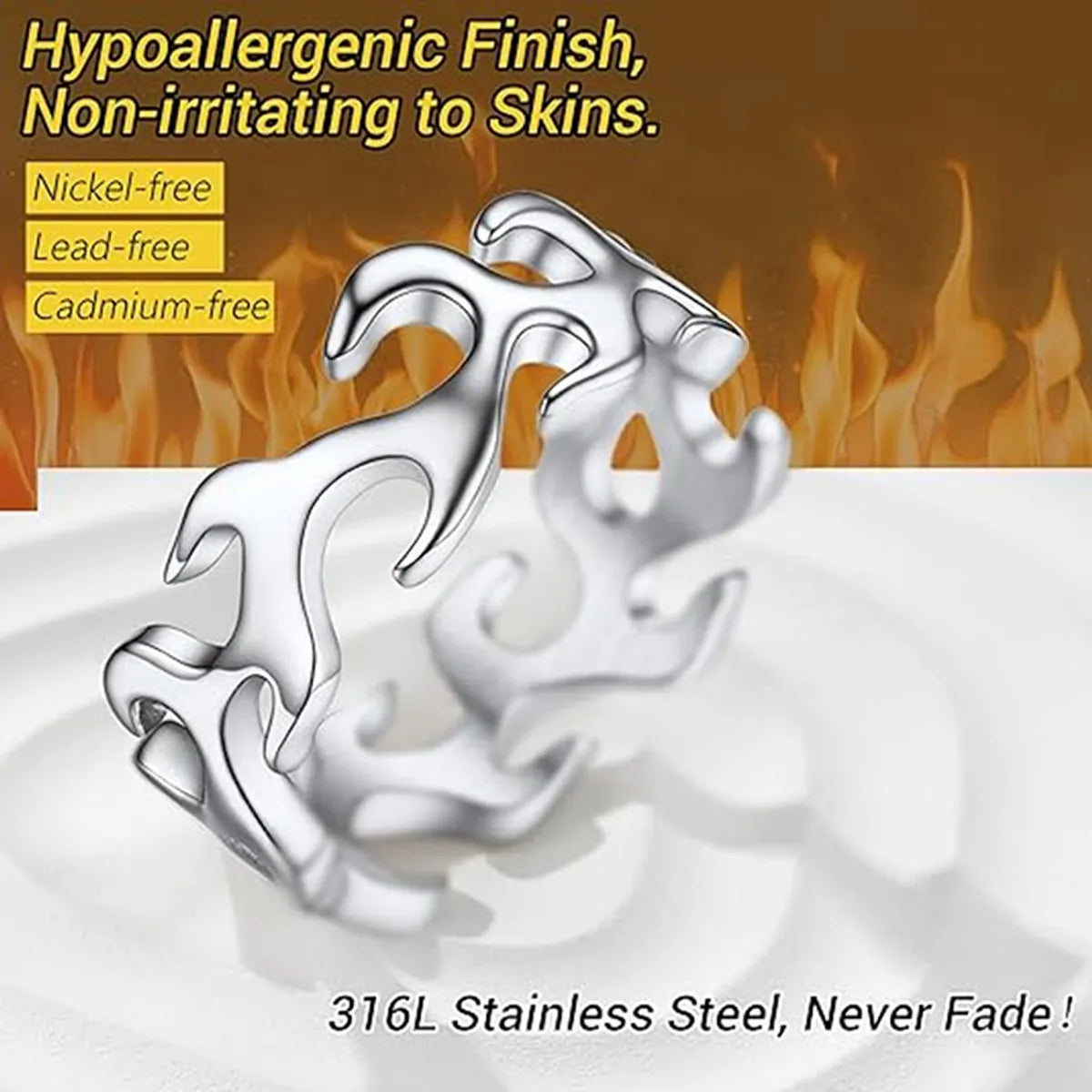 Hip-Hop Punk Flame Solid Color 316L Stainless Steel  Cutting Gold Plated Silver Plated Men'S Rings