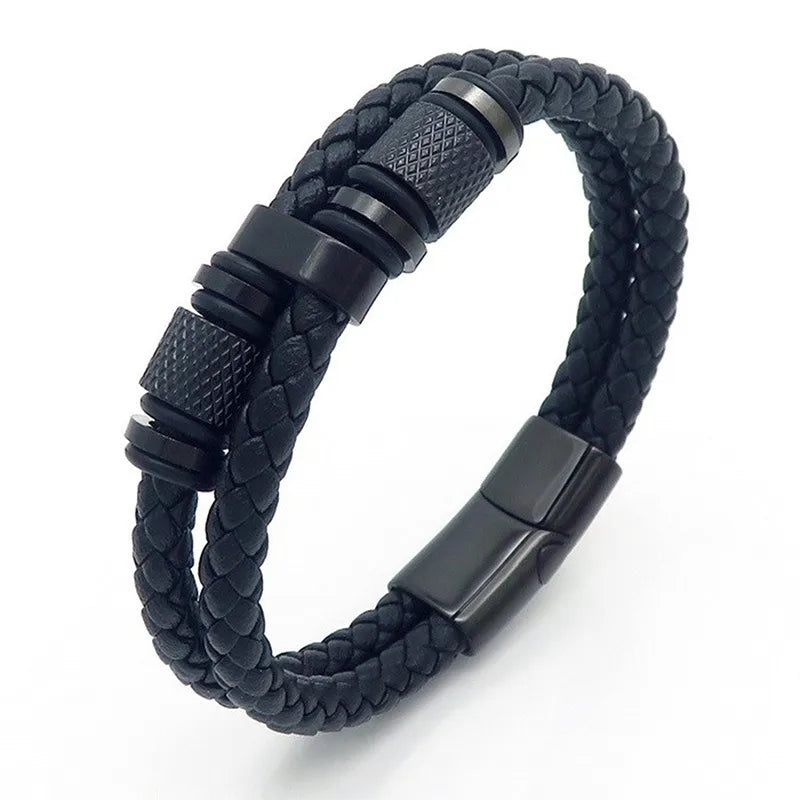 Hip-Hop Punk Geometric Pu Leather Titanium Steel Knitting Plating Men'S Wristband