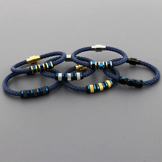 Hip-Hop Punk Geometric Pu Leather Titanium Steel Knitting Plating Men'S Wristband