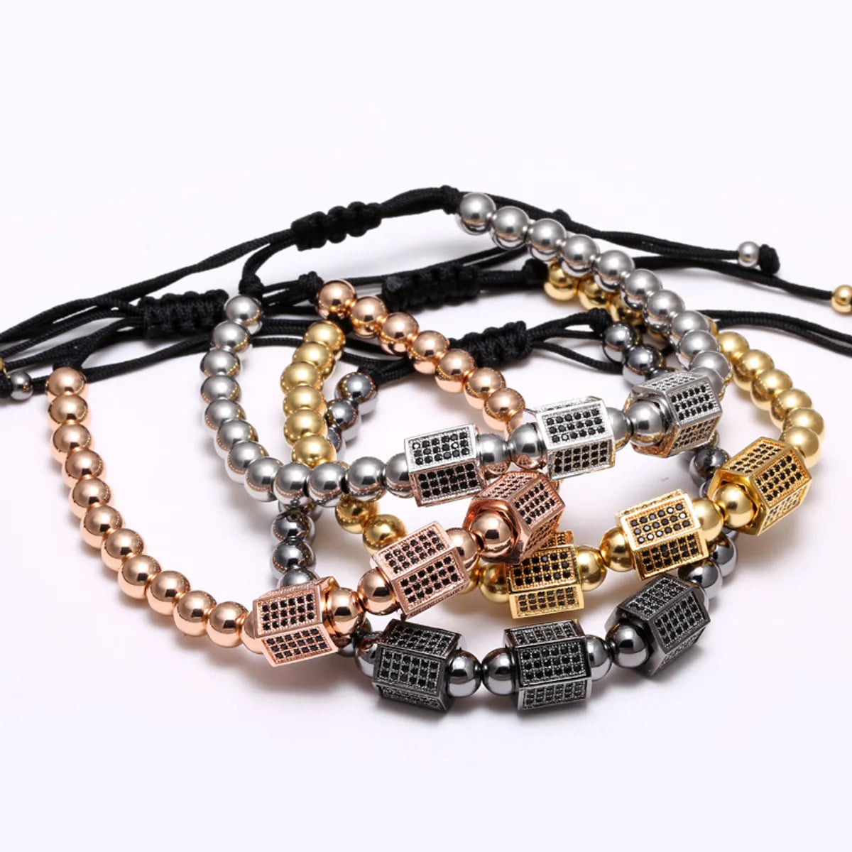 Hip-Hop Punk Geometric Stainless Steel Titanium Steel Beaded Plating Inlay Zircon Men'S Bracelets