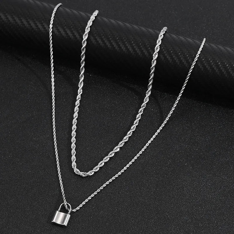 Hip-Hop Punk Lock Stainless Steel Plating Silver Plated Men'S Pendant Necklace