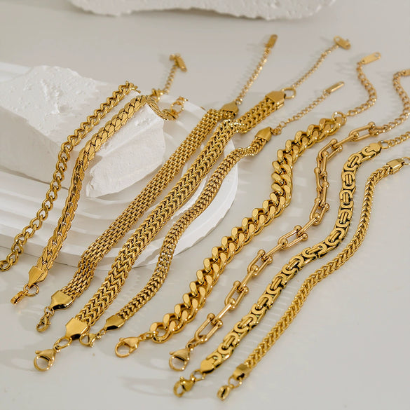 Hip Hop Punk Style Stainless Steel Geometric Cuban Bracelet Plated Real Gold Handmade Woven Chain