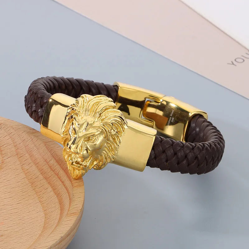 Hip-Hop Retro Color Block 304 Stainless Steel Leather Plating 18K Gold Plated Men'S Bangle