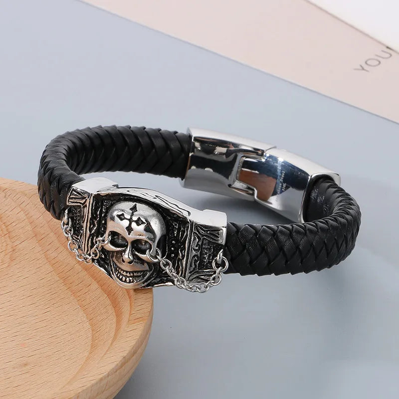 Hip-Hop Retro Color Block 304 Stainless Steel Leather Plating 18K Gold Plated Men'S Bangle