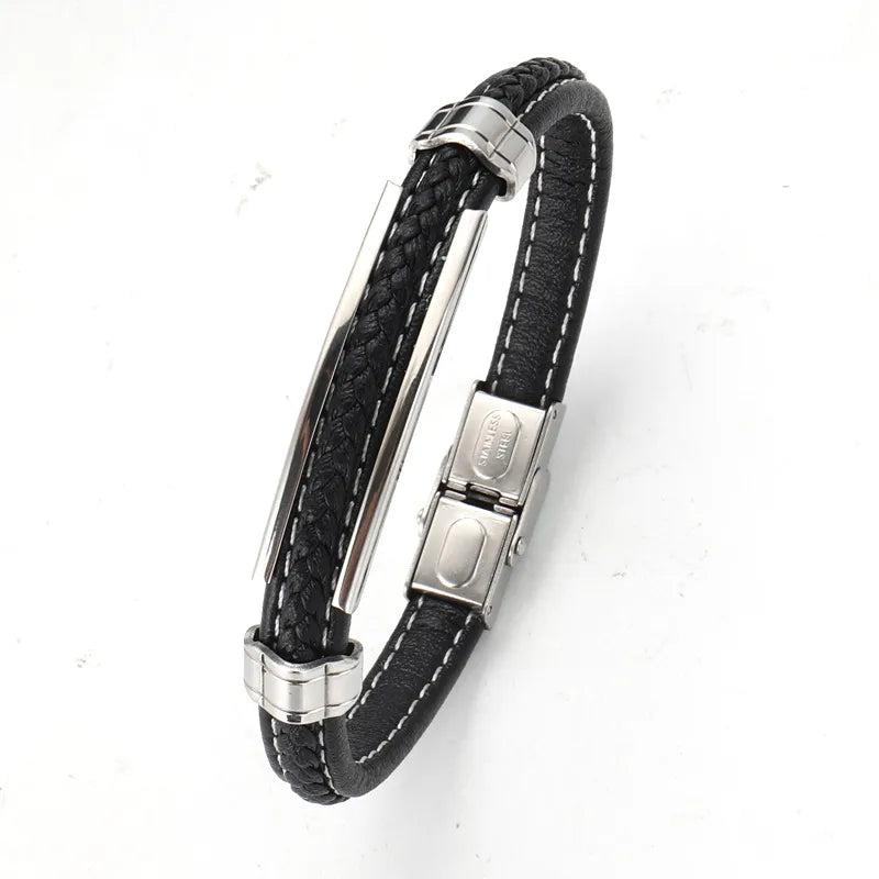 Hip-Hop Retro Color Block 304 Stainless Steel Pu Leather Polishing Men'S Bangle