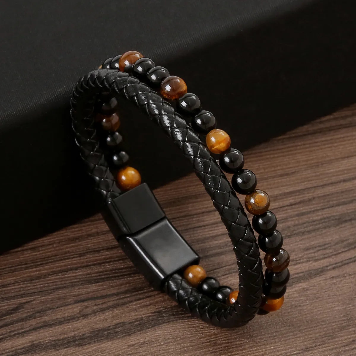 Hip-Hop Retro Color Block Alloy Natural Stone Leather Knitting Woven Belt Men'S Bangle