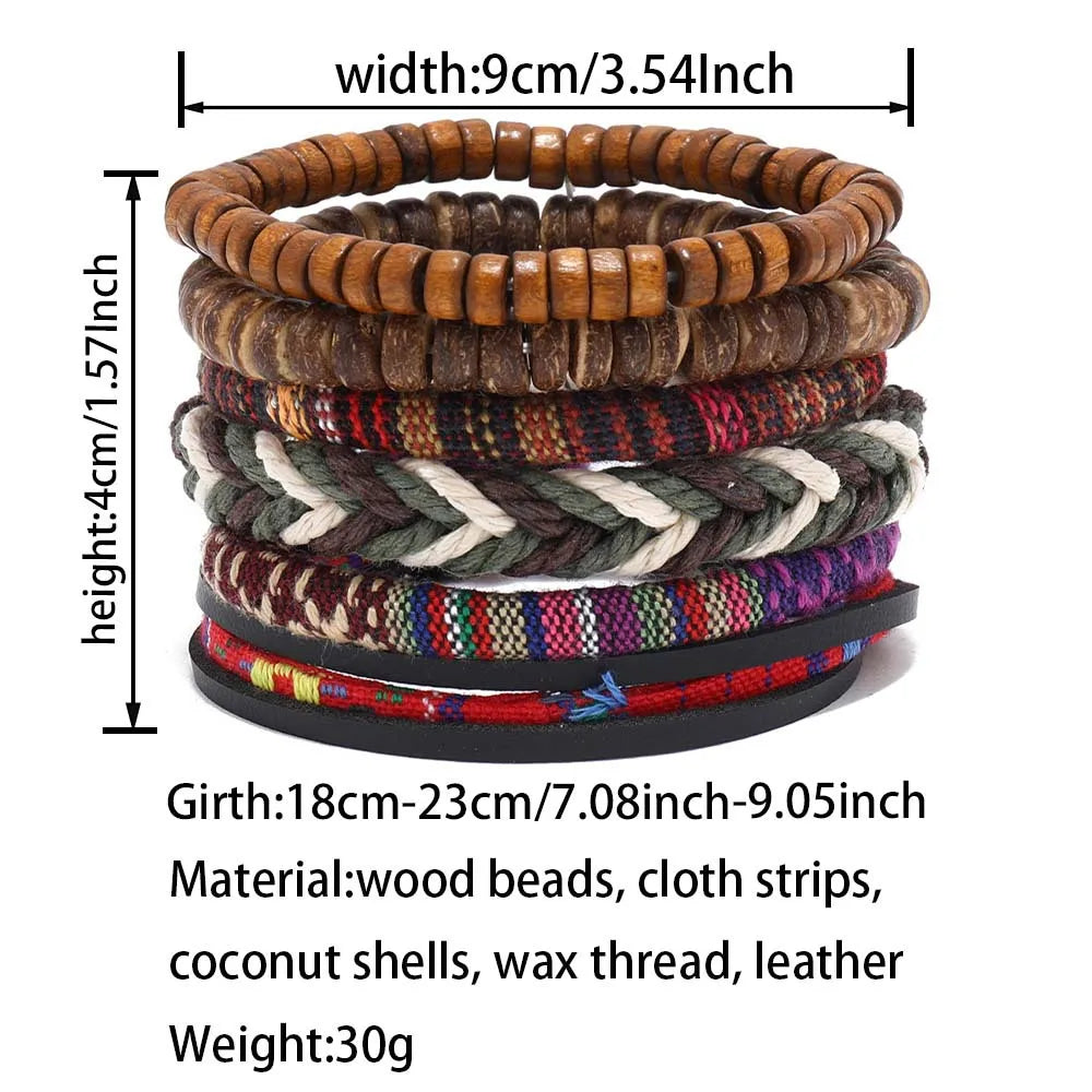 Hip-Hop Retro Color Block Pu Leather Cloth Wood Beaded Men'S Bangle